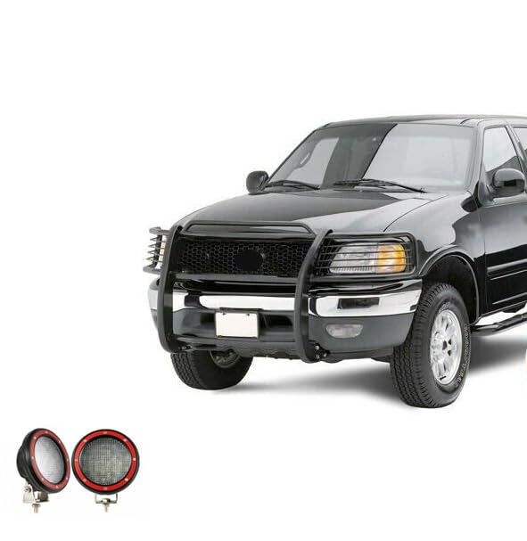 Grille Brush Black Horse Bumper Guard Modular Black Come with Pair of 5.3" LED Lights with Red Trim Rings Compatible with 1999-2002 Expedition|1999-2004 F-150|1999-2007 F-250 Super Duty-17FP27MA-PLFR