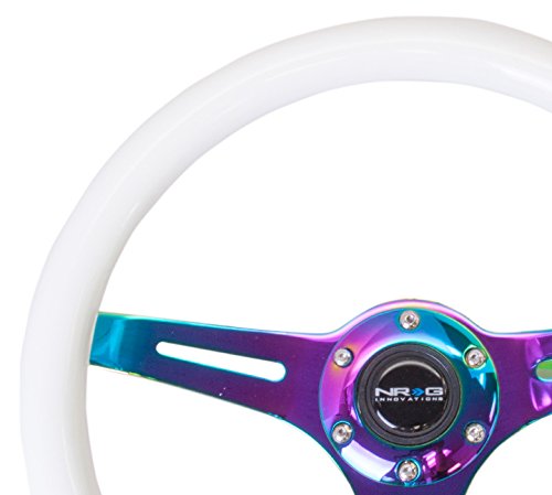 Classic Wood Grain Steering Wheel NRG Innovations - 350mm 3 Neochrome Spokes - Glow-in-the-dark Blue Color
