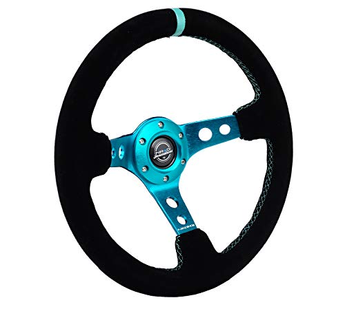 NRG Innovations Reinforced NRG-RST-006S-TL Steering Wheel - 350MM Sport Steering Wheel (3" Deep) - Black Suede Teal Center Mark with Teal Stitching and Teal Center spoke