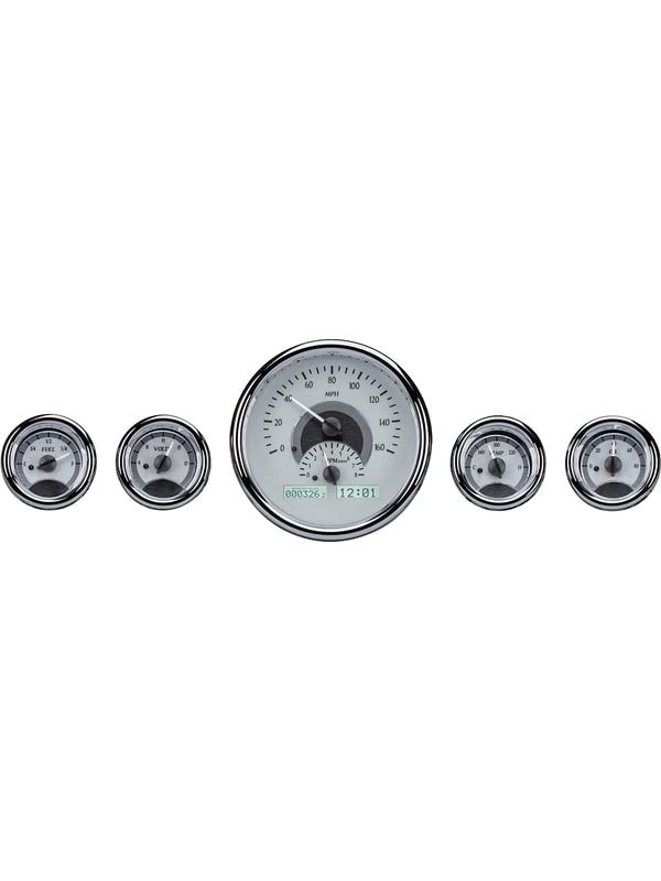 Digital Dakota VHX-1015-S-W Universal 5 Round Gauges Analog Dash Instrument System, Silver Alloy Style, White Backlighting