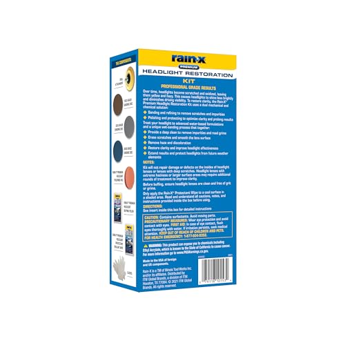 Headlight Restoration Kit Rain-X 610153 - Car Light Lens Cleaner/Restorer with Sanding & Polishing Drill Attachments & Sealant Wipe, Removes Scratches & Oxidation- All in 1 Long Lasting Formula