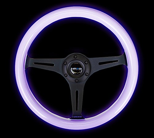 NRG Innovations Classic Wood Grain Steering Wheel, NRG-ST-015BK-GL-PP 350mm 3 Black Spokes- Glow-in-the-Dark Purple Color