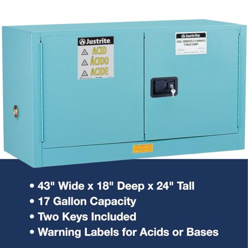 Justrite Storage Cabinet Acid Corrosive - 17 Gallon 2 Door Manual Close Chemical Cabinet with ChemCor® Coating - 18" x 24" x 43" - Made in the USA - Light Blue - 8917022