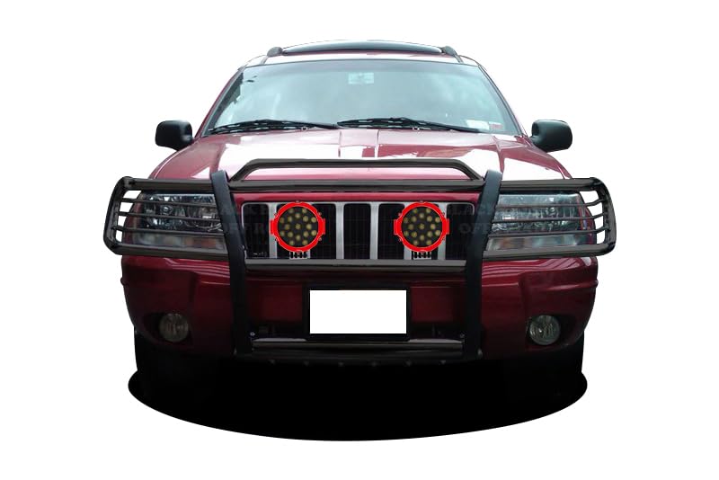 Grille Brush Black Horse Bumper Guard Modular Black Come with Pair of 7.0" Dia.LED Lights with Red Trim Rings Compatible with 1999-2004 Jeep Grand Cherokee-17EB26MA-PLR