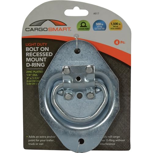 Bolt On Light Duty Recessed Mount D-Ring, 1/4" Diameter, 2" x 1 1/4" 1,500 lb 4 Pk