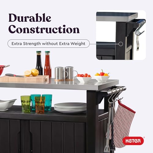 Keter Outdoor Rolling Table Cart for Food Prep, Storage, Dark Brown Bar & Grill - Portable Kitchen Island Tabletop with Wheels for Drinks, Snacks, and Cooking