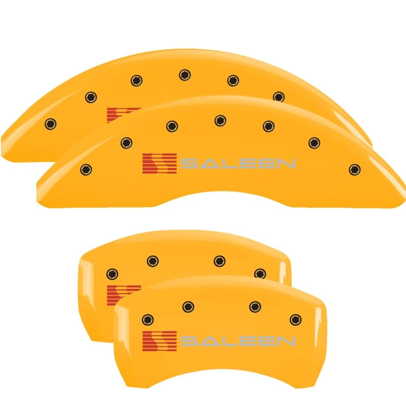 Brake Caliper Covers MGP for Ford Mustang GT, GT Premium 2015-2023 - Yellow Powder-Coated Finish, Engraved Silver Saleen Logo, Front and Rear Caliper Covers (Set of 4)