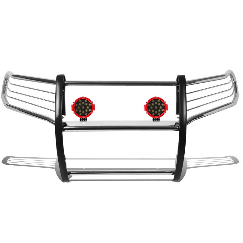 Bumper Guard Modular Black Horse Grille brush Stainless Steel Come With pair of 7.0"Dia.LED Lights with Red Trim Rings Compatible with 2011-2021 Jeep Grand Cherokee-17A080202MSS-PLR