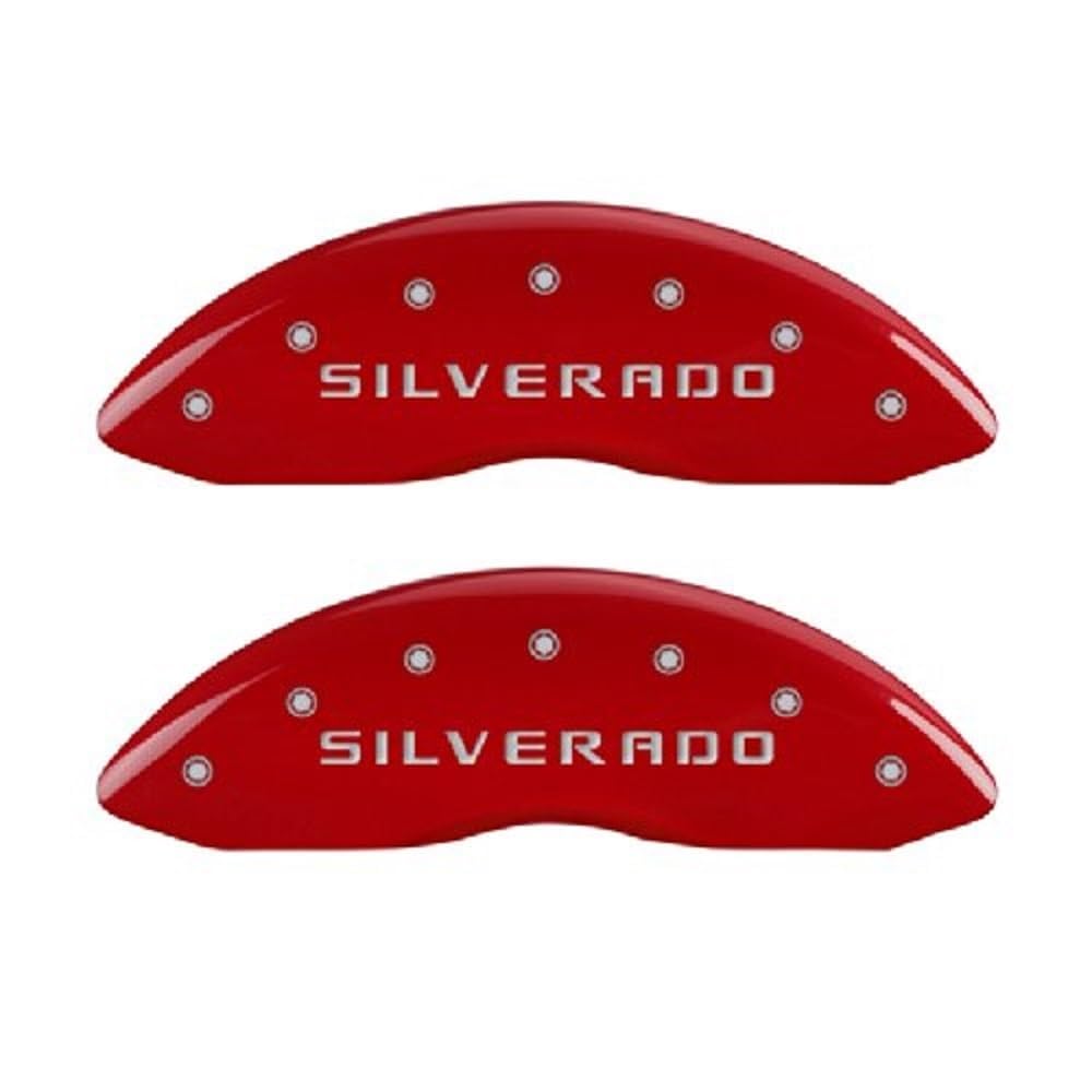 MGP Caliper Covers 'SILVERADO' 14004SSILRD Engraved Caliper Cover with Red Powder Coat Finish and Silver Characters, (Set of 4)