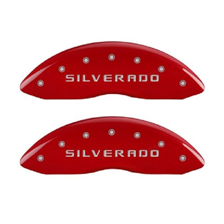 MGP Caliper Covers 'SILVERADO' 14004SSILRD Engraved Caliper Cover with Red Powder Coat Finish and Silver Characters, (Set of 4)