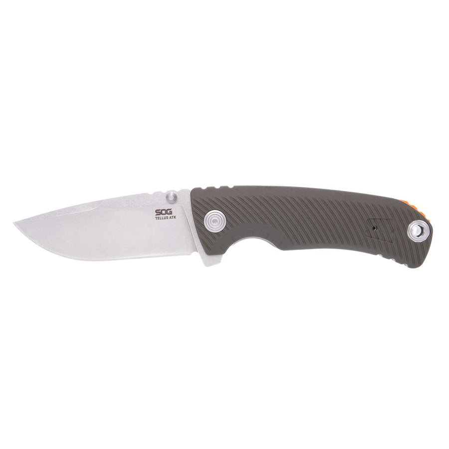SOG Tellus ATK Folding Knife | Ambidextrous GRN Handle | CRYO 440C Stainless Steel Blade | Adjustable Belt Clip, Olive Drab/Blaze Orange Outdoor Assisted Opening Frame Lock