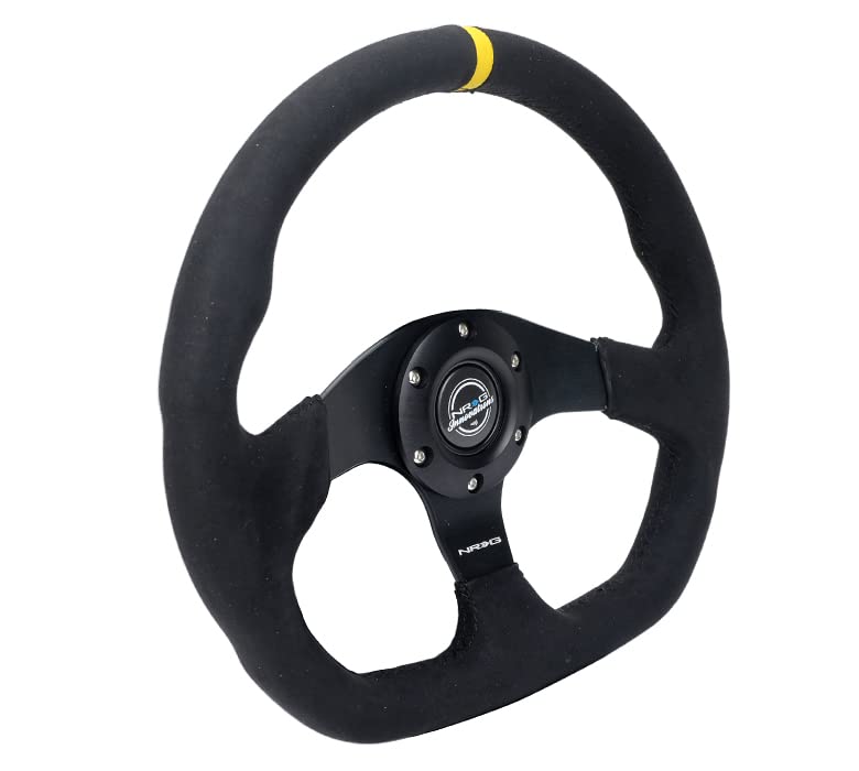 NRG Innovations Reinforced NRG-RST-024MB-SA-Y Steering Wheel - 320mm Sport Alcantara Flat Bottom with Yellow Center Mark