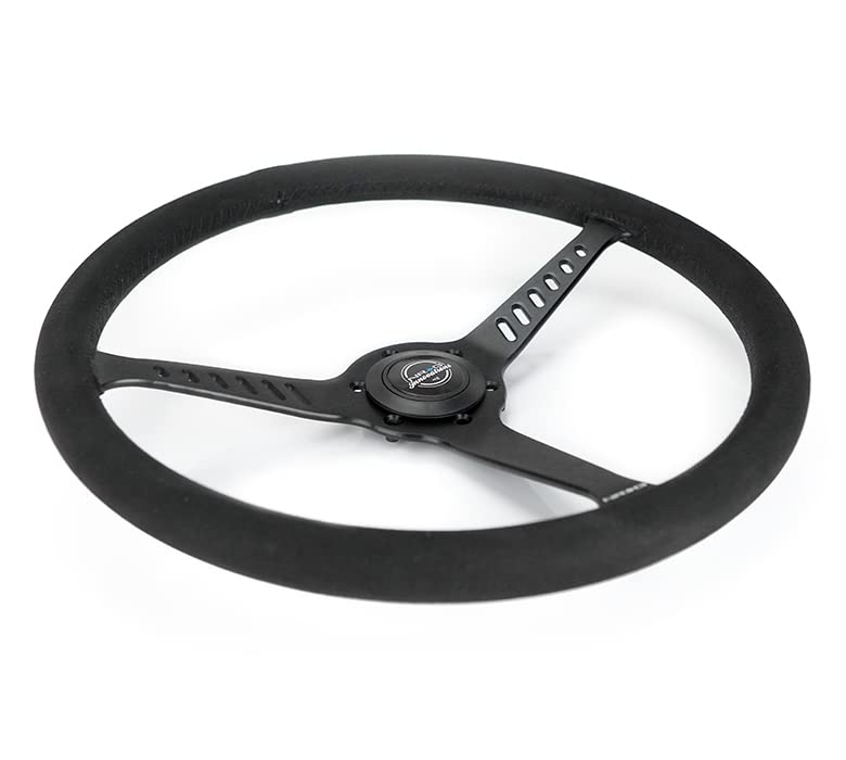 NRG Innovations Reinforced NRG-RST-380-STL-SA Classic Stealth Wheel, 380mm, 3 Spoke Center with Diagnal Slits, 1" Deep Dish with Vegan Suede and Black Stitching