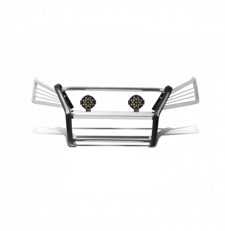 Bumper Guard Modular Stainless Steel Black Horse Grille brush Come With pair of 7.0"Dia.LED Lights with Black Trim Rings Compatible with 2004-2006 Lexus RX330|2007-2009 Lexus RX350-17G80330MSS-PLB