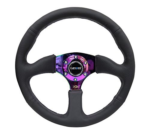 NRG Innovations Reinforced NRG-RST-023MC-R Steering Wheel 350mm Diameter 50mm Depth Sport Leather Racing (2.5" Deep) Comfort Grip, 4mm Metal Neochrome Spoke Double Riveted Spokes