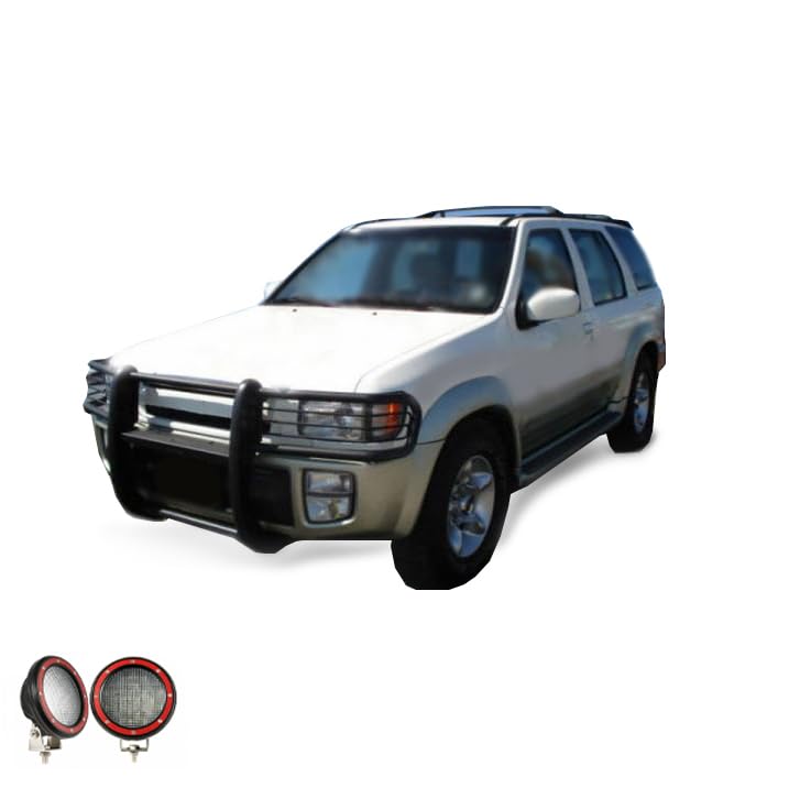 Grille Brush Black Horse Bumper Guard Modular Come with Pair of 5.3" Dia.LED Lights with Red Trim Rings Compatible with 1997-2003 Infiniti QX4|1996-2004 Nissan Pathfinder-17NE23MA-PLFR