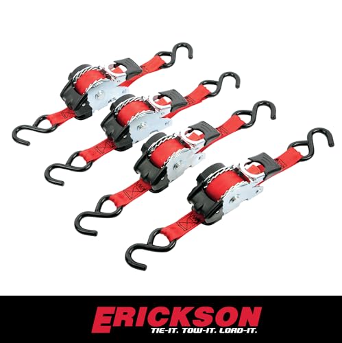 1" x 10' Retractable Ratcheting Tie-Down Strap Erickson 04418 Pro Series, (Storage Bag of 4, 1200 lb Load Capacity)