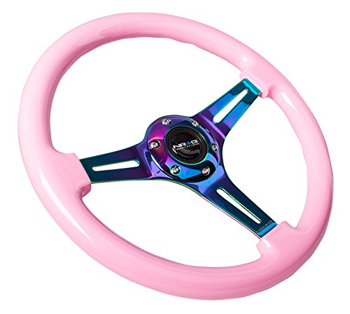 NRG Innovations Steering Wheel NRG-ST-015MC-PK - 350mm 25mm Deep Configuration, Classic Wood Grain Wheel, 3 Neochrome Spokes- Solid Pink Painted Grip