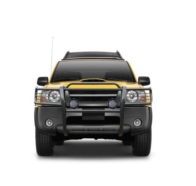 Grille Brush Black Horse Bumper Guard Modular Black Come with Pair of 5.3" Dia.LED Lights with Black Trim Rings Compatible with 2000-2004 Nissan Frontier|2000-2004 Nissan Xterra-17NI26MA-PLFB