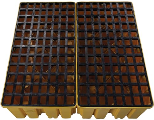 High Capacity Eagle 4 Drum Spill Containment Pallet with Drain and Forklift Pockets, 52.5"x51"x13.75", 132 Gallon Sump, 8,000 lbs. Load Capacity Secondary Containment Pallet, Made in USA, Yellow, 1640