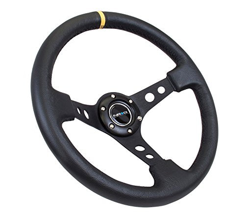 NRG Innovations Reinforced NRG-RST-006BK-Y Steering Wheel 350mm Sport Steering Wheel (3" Deep) Black Spoke With Round Holes/Black Leather/Yellow Stripes