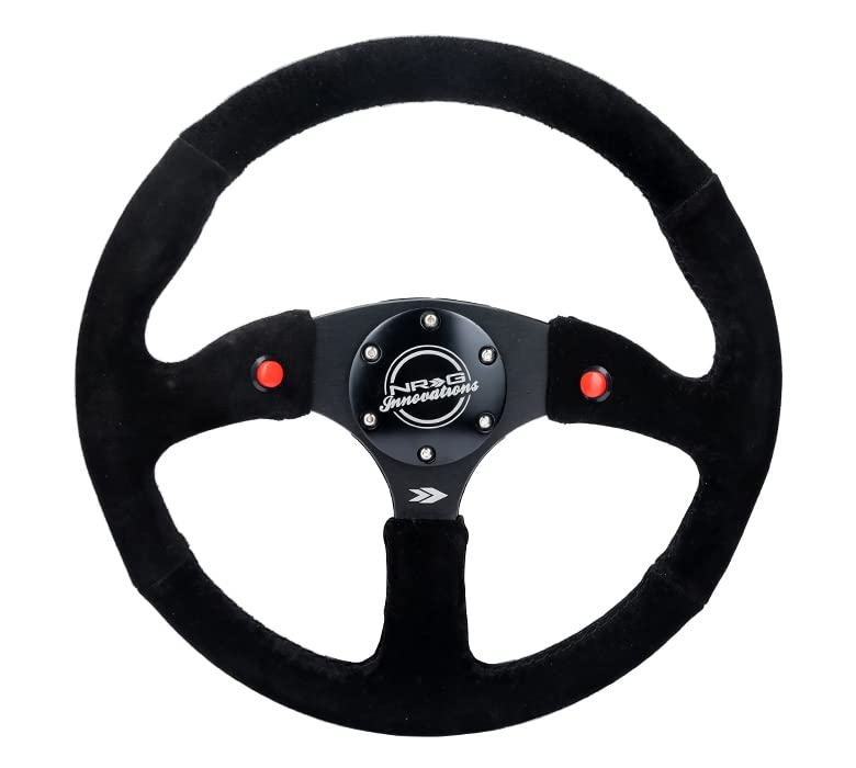 NRG Innovations Reinforced NRG-RST-023D-S Steering Wheel - 350mm Sport Suede Racing (2.5" Deep) Comfort Grip, 4mm Matte Black Spoke with Suede Finish and Dual Button