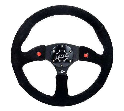NRG Innovations Reinforced NRG-RST-023D-S Steering Wheel - 350mm Sport Suede Racing (2.5" Deep) Comfort Grip, 4mm Matte Black Spoke with Suede Finish and Dual Button