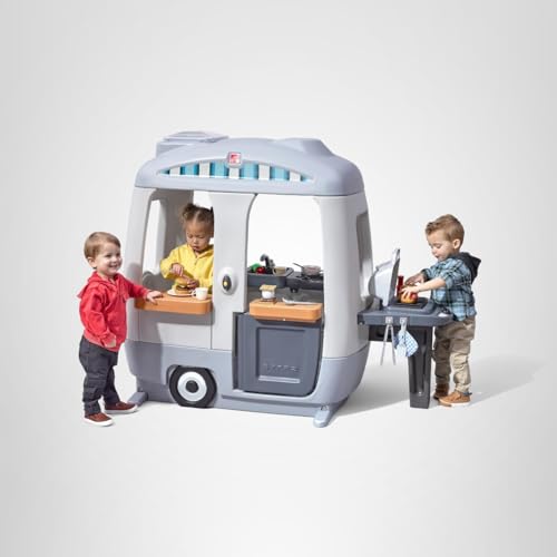 Step2 Kids Adventure Camper Playhouse, Indoor/Outdoor Playset with Kitchenette, Interactive Doorbell Sounds, 52-Piece Toy Accessories, Durable Plastic, For Toddlers 2+ Years