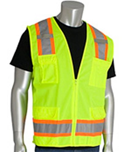 PIP Two-Tone 302-0500-ORG/M Class 2 Six Pocket Surveyors Vest with Solid Front and Mesh Back