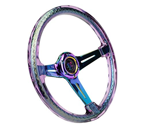 NRG Innovations Reinforced Steering Wheel NRG-RST-027MC-PP 350mm 2" Deep Dish Clear Acrylic Steering Wheel in Purple and NeoChrome Spoke Finish with Slits