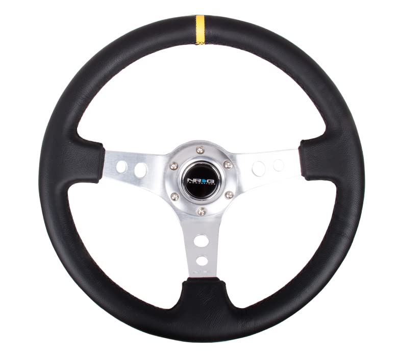 NRG Innovations Reinforced NRG-RST-006SL-Y Steering Wheel - 350mm Sport Steering Wheel (3" Deep) - Silver Spoke with Round holes, Black Leather, Yellow Center Mark