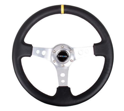 NRG Innovations Reinforced NRG-RST-006SL-Y Steering Wheel - 350mm Sport Steering Wheel (3" Deep) - Silver Spoke with Round holes, Black Leather, Yellow Center Mark