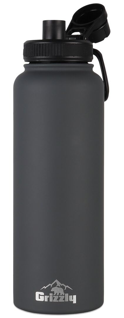 40oz Grizzly Water Bottle | Vacuum Insulated | Leak Resistant Lid | Stainless Steel | For Gym Hiking Beach Sports Camping | Stealth Gray
