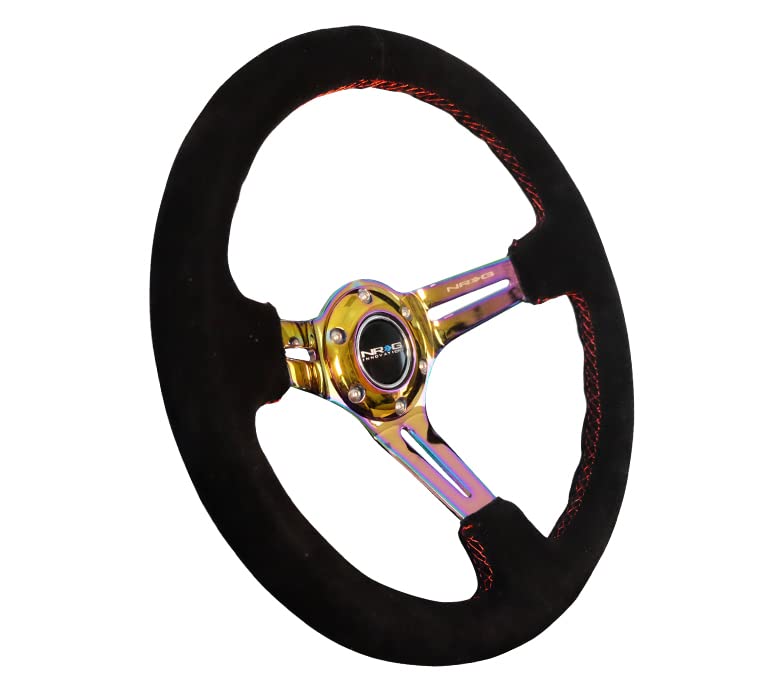 NRG Innovations Reinforced NRG-RST-018S-MCRS Steering Wheel 350mm 75mm Deep Sport Steering Wheel Suede (3" Deep) Red Stitch With Slits In Neochrome Double Riveted Spokes