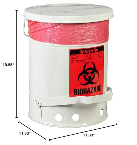 SoundGuard Justrite 05915 Steel Biohazard Waste Container with Foot Operated Cover, 6 Gallon Capacity, 11-7/8" OD x 15-7/8" Height, White