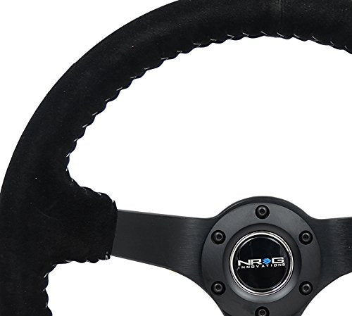 NRG Innovations Reinforced Steering Wheel NRG-RST-036MB-S-SL 3" Deep, 5mm Matte Black Spoke, 350mm Sport Steering Wheel Black Suede With Silver Baseball Stitching