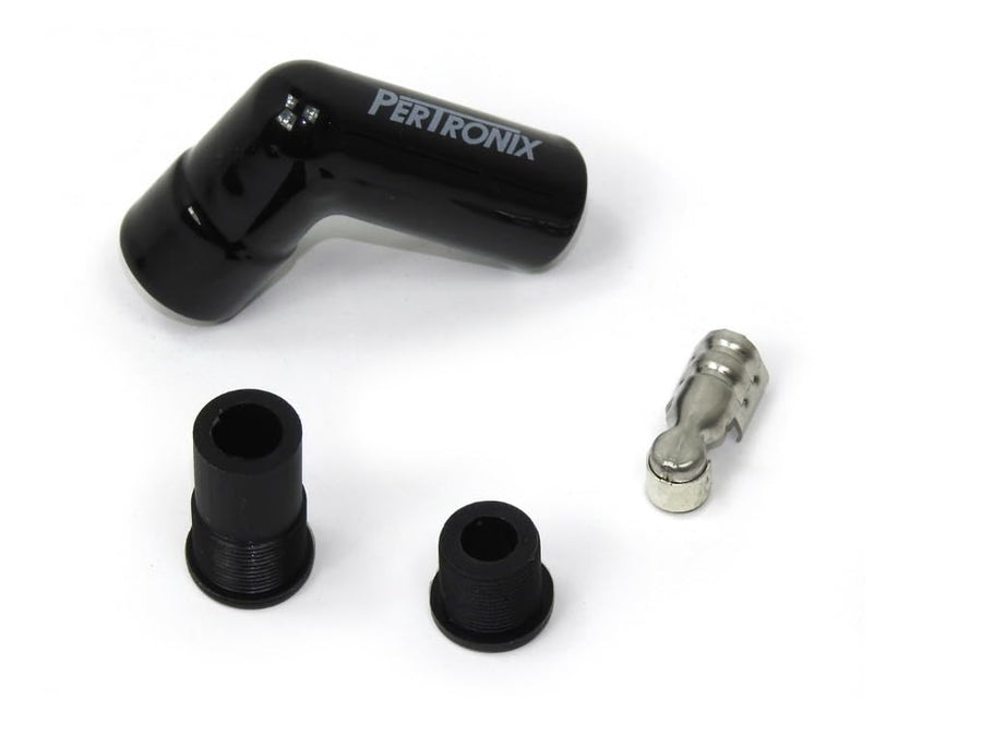 Pertronix 8561HT-8 Spark Plug Boot Black Ceramic 90 Degree Set of 8 includes silicone plug and wire bushings, stainless steel spark plug terminals and high temp ceramic boots