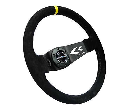 NRG Innovations Reinforced NRG-RST-022S-Y Steering Wheel Arrow Cut Out Two Spoke 350mm Sport Stereing Wheel Suede (3" Deep) Black Suede, Yellow Center Marking