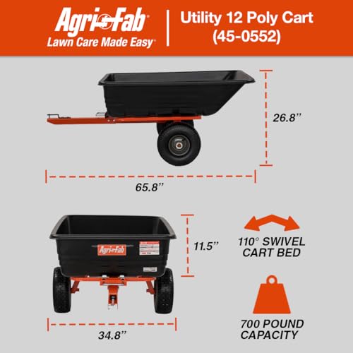 Tow Behind Agri-Fab 45-0552 700 lbs Poly Dump/Swivel Cart, 12 CU. FT. Capacity; Lawn & Garden Cart/Trailer for Lawn Mowers, 15" Pneumatics Tires, Easy to Use Hand Dumping Mechanism