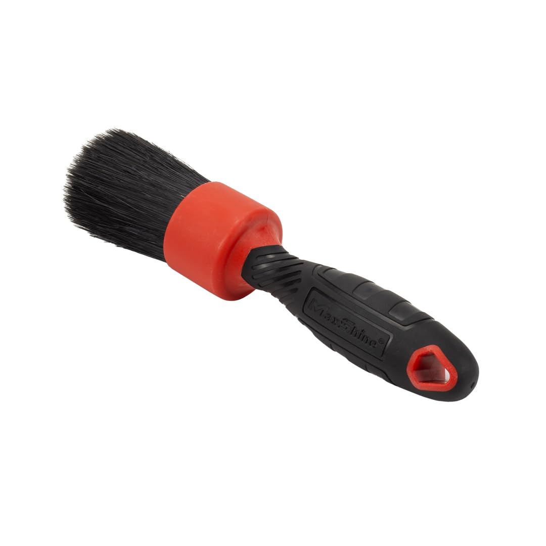 Maxshine Boar Hair Stubby Detailing Brush - Premium Detail Brush with 100% Natural Boar Hair Mixed Fiber for Auto Detailing, Wheels, Engine, Interior, Air Vents Cleaning - Bestselling Tool - Red