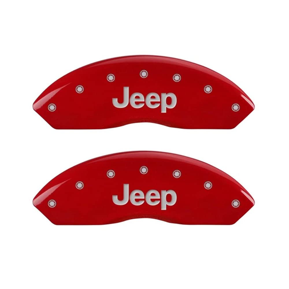Brake Caliper Covers MGP for Jeep Wrangler 2007-2018/ Jeep Liberty 2008-2012 with Red Powder Coat Finish Engraved Silver Jeep Logo, Front and Rear Caliper Cover (Set of 4)