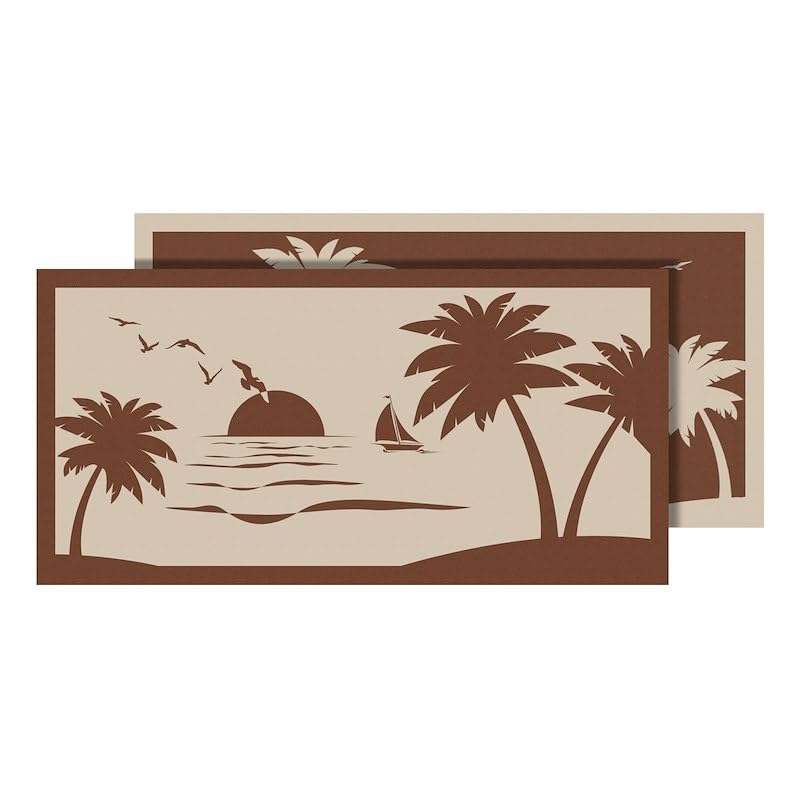 Faulkner 53001S Patio Mat, Beach and Palm Tree Design, 18 Ft Len x 9 Ft Width, Beige/Brown, Polypropylene, Reversible Fabric, Without Grommets, with Storage Bag/Corner Tie-Downs