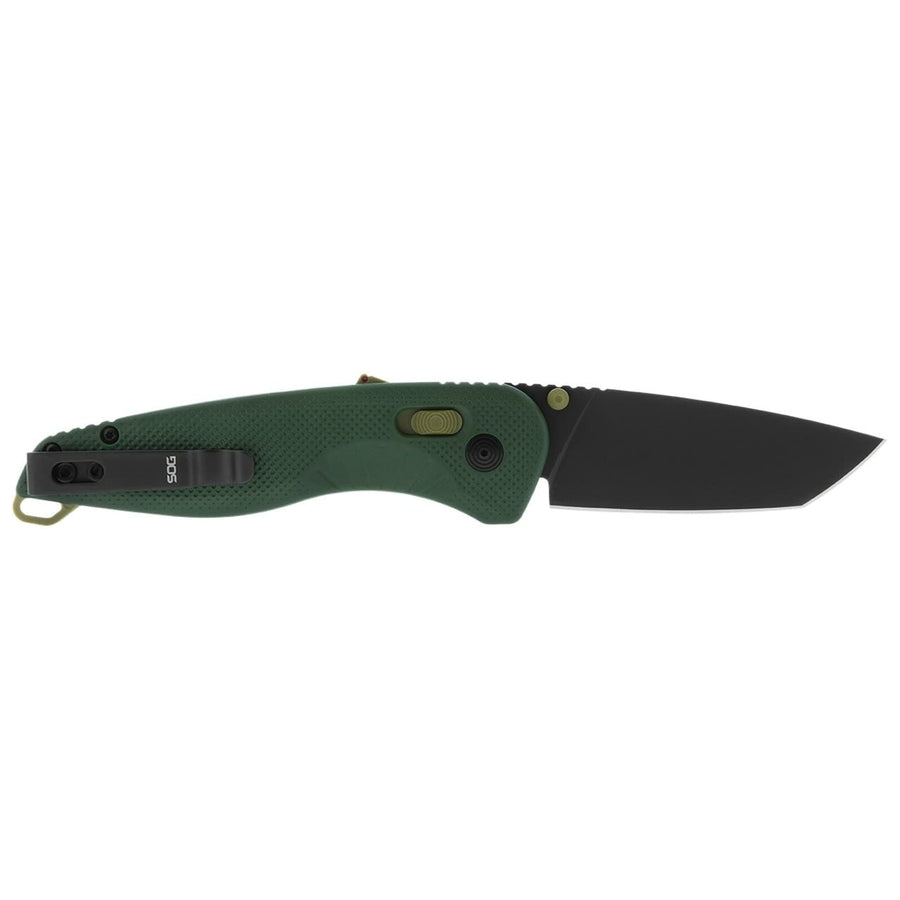 SOG Aegis Tanto Outdoor Pocket Folding Opening Knife, Ambidextrous at-XR Lock with Ergonomic Handle, D2 Steel Blade, Built-in Safety Blade Locking and Spine-Mounted Safety System, Forest & Moss