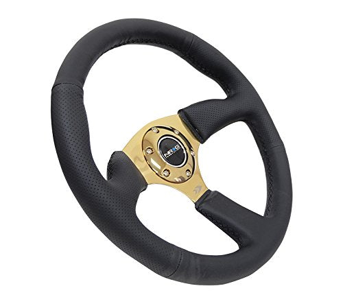 NRG Innovations Reinforced NRG-RST-023GD-R Steering Wheel 350mm Diameter 50mm Depth Sport Leather Racing (2.5" Deep) Comfort Grip 4mm Metal Gold Spoke