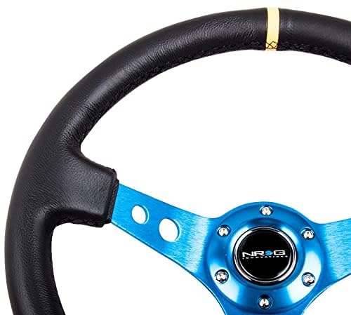 NRG Innovations Reinforced NRG-RST-006BL-Y Steering Wheel - 350mm 75mm Deep Racing Steering Wheels Blue Spoke with Round holes/Black Leather and Yellow Center Stripe