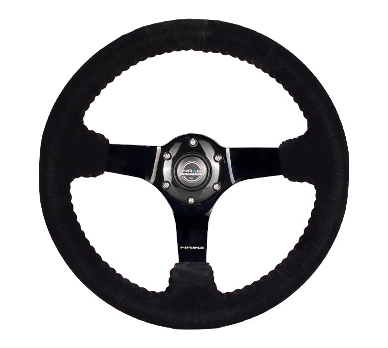 NRG Innovations Reinforced NRG-RST-036BK-S Steering Wheel 350mm Diameter Sport Steering Wheel (3' Deep) Black Suede With Red Baseball Stitching - BLACK Spoke