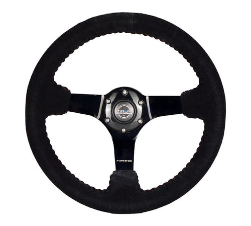 NRG Innovations Reinforced NRG-RST-036BK-S Steering Wheel 350mm Diameter Sport Steering Wheel (3' Deep) Black Suede With Red Baseball Stitching - BLACK Spoke