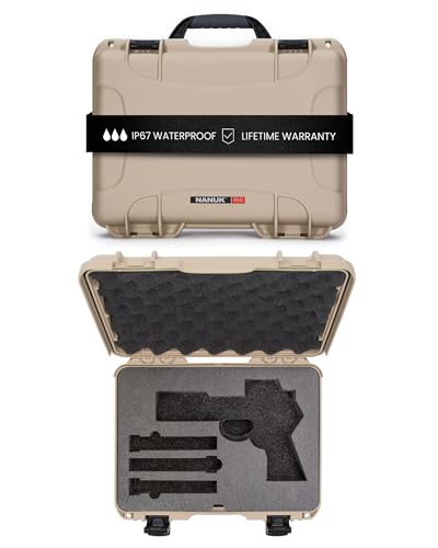 Hard NANUK 910 Optic Ready Pistol Case with Custom Foam Insert, IP67 Waterproof & Crushproof, Rugged Construction for Ultimate Protection, Made in Canada – Tan (14.3” x 11.1” x 4.7”)