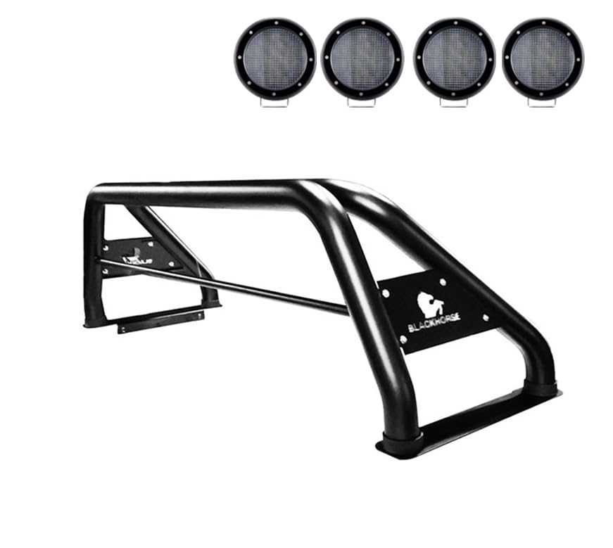 Classic Black Horse Roll Bar Incl. Set of 5.3" Dia.Led Lights w/Black Trim Rings Compatible with 19-24 Ram 1500 Excludes Classic models-RB002BK-PLFB