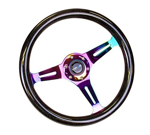 NRG Innovations Steering Wheel NRG-ST-015MC-BSB - 350mm 25mm Deep Configuration "Galaxy" Classic Wood Grain Wheel 3 Neochrome Spokes- Black Sparkled Color